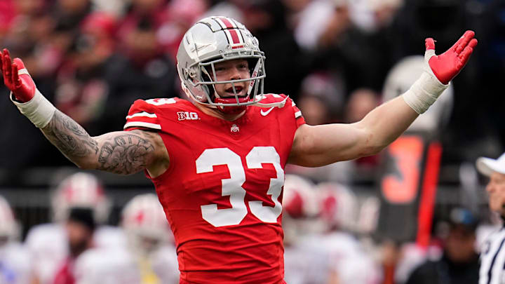 Ohio State Buckeyes defensive end Jack Sawyer (33) celebrates a sack during the second half of the NCAA football game against the Indiana Hoosiers at Ohio Stadium in Columbus on Saturday, Nov. 23, 2024. Ohio State won 38-15.