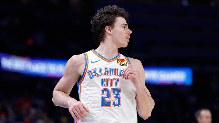 Apr 12, 2026; Oklahoma City, Oklahoma, USA; Oklahoma City Thunder forward Brooks Barnhizer (23) runs down the court against the Phoenix Suns during the second half at Paycom Center. Mandatory Credit: Alonzo Adams-Imagn Images Apr 12, 2026; Oklahoma City, Oklahoma, USA; Oklahoma City Thunder forward Brooks Barnhizer (23) runs down the court against the Phoenix Suns during the second half at Paycom Center. Mandatory Credit: Alonzo Adams-Imagn Images