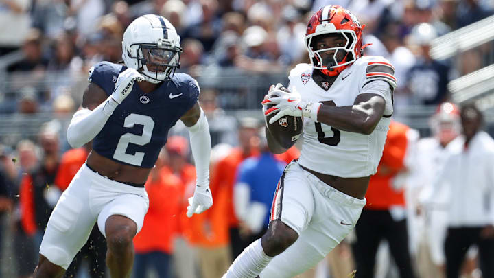 Sep 7, 2024; University Park, Pennsylvania, USA; Bowling Green Falcons tight end Harold Fannin Jr (0) catches a pass during the second quarter against the Penn State Nittany Lions at Beaver Stadium. Penn State defeated Bowling Green 34-27. 