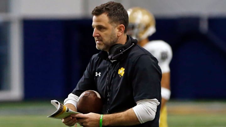 Notre Dame special teams coordinator Marty Biagi at football practice Wednesday, March 27, 2024, at the Irish Athletics Center in South Bend.