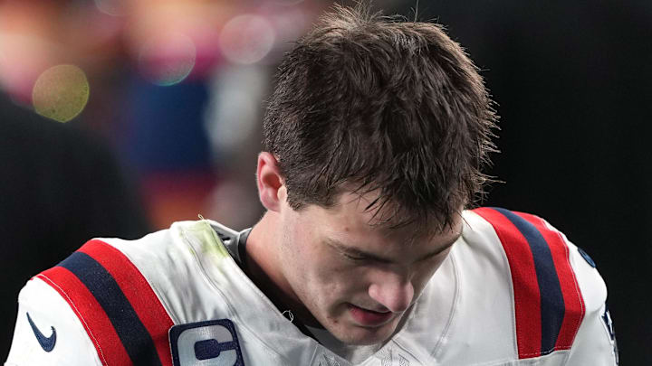 Feb 8, 2026; Santa Clara, CA, USA; New England Patriots quarterback Drake Maye (10) walks off of the field after the game against the Seattle Seahawks in Super Bowl LX at Levi's Stadium. Mandatory Credit: Darren Yamashita-Imagn Images