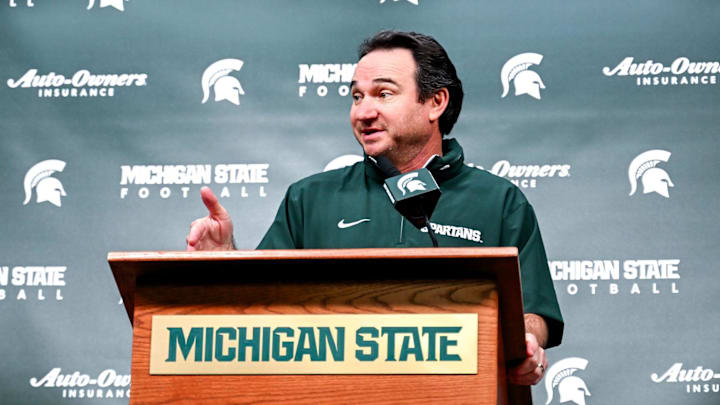 Michigan State coach Jonathan Smith talks the media on the first national signing day for college football recruits Wednesday, Dec. 4, 2024, at Spartan Stadium in East Lansing.