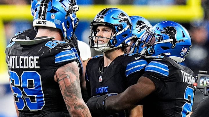 Detroit Lions place kicker Jake Bates (39) celebrates a field goal against New York Giants during the second half 