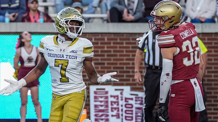 Oct 24, 2026; Atlanta, Georgia, USA; Georgia Tech Yellow Jackets wide receiver Dalen Penson (7) reacts after scoring a touchdown against the Boston College Eagles during the second half at Bobby Dodd Stadium at Hyundai Field. Mandatory Credit: Dale Zanine-Imagn Images Oct 24, 2026; Atlanta, Georgia, USA; Georgia Tech Yellow Jackets wide receiver Dalen Penson (7) reacts after scoring a touchdown against the Boston College Eagles during the second half at Bobby Dodd Stadium at Hyundai Field. Mandatory Credit: Dale Zanine-Imagn Images
