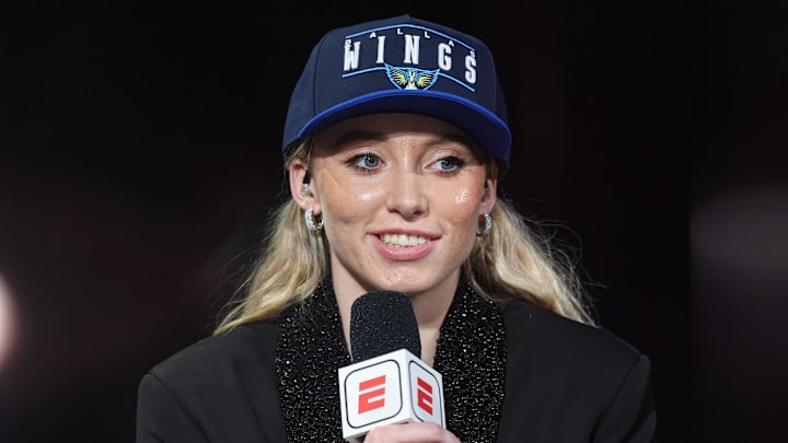 Paige Bueckers is interviewed after being selected No. 1 overall by the Dallas Wings.