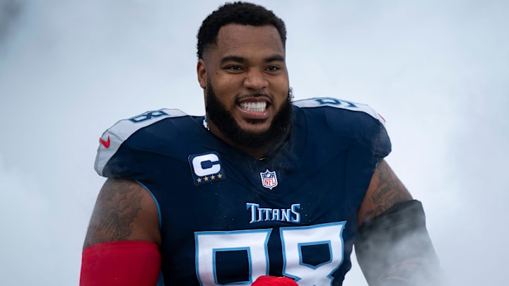 Tennessee Titans defensive tackle Jeffery Simmons (98) takes the field before their game against the New England Patriots at Nissan Stadium in Nashville, Tenn., Sunday, Nov. 3, 2024.