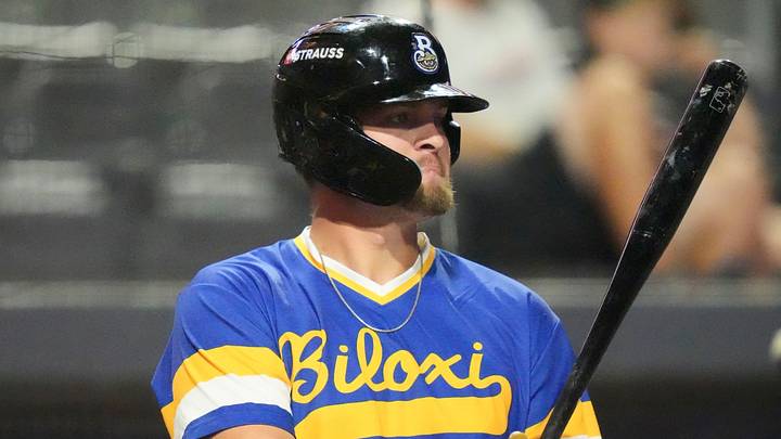 Biloxi Shuckers' Blake BurkeĀ (38) on deck at the Minor League Baseball game against the Knoxville Smokies on August 5, 2025, Knoxville, Tennessee. Biloxi Shuckers' Blake BurkeĀ (38) on deck at the Minor League Baseball game against the Knoxville Smokies on August 5, 2025, Knoxville, Tennessee.