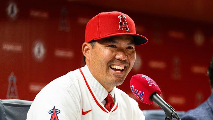 Oct 22, 2025; Los Angeles, CA, USA; Los Angeles Angels manager Kurt Suzuki speaks during a press conference at Angel Stadium. Mandatory Credit: William Liang-Imagn Images Oct 22, 2025; Los Angeles, CA, USA; Los Angeles Angels manager Kurt Suzuki speaks during a press conference at Angel Stadium. Mandatory Credit: William Liang-Imagn Images