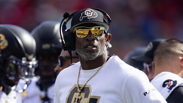 Oct 19, 2024; Tucson, Arizona, USA; Colorado Buffalos head coach Deion Sanders against the Arizona Wildcats at Arizona Stadium. Mandatory Credit: Mark J. Rebilas-Imagn Images