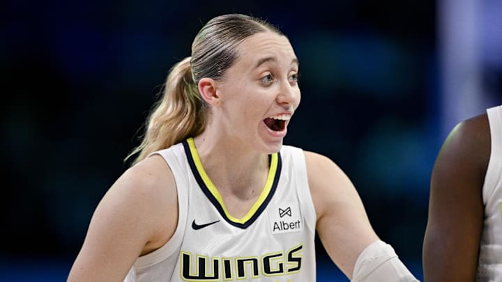 Sep 11, 2025; Arlington, Texas, USA; Dallas Wings guard Paige Bueckers (5) celebrates during the second half against the Phoenix Mercury at College Park Center. Mandatory Credit: Jerome Miron-Imagn Images