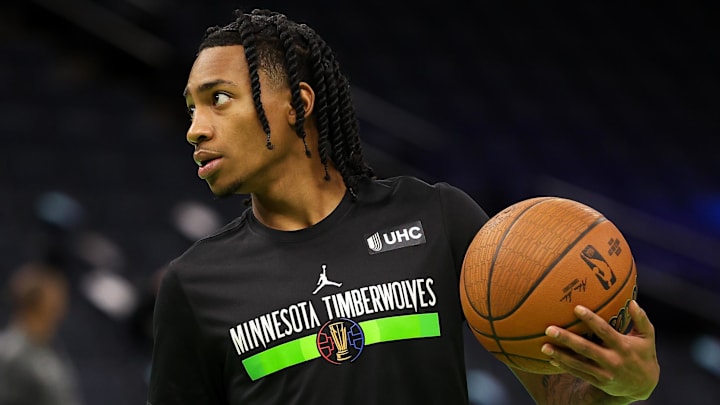 Nov 29, 2024; Minneapolis, Minnesota, USA; Minnesota Timberwolves guard Rob Dillingham (4) warms up before the game against the LA Clippers at Target Center. Mandatory Credit: Matt Krohn-Imagn Images