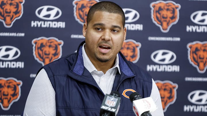 Mar 16, 2023; Lake Forest, IL, USA; Chicago Bears general manager Ryan Poles speaks during a press conference at Halas Hall. Mandatory Credit: Kamil Krzaczynski-Imagn Images Mar 16, 2023; Lake Forest, IL, USA; Chicago Bears general manager Ryan Poles speaks during a press conference at Halas Hall. Mandatory Credit: Kamil Krzaczynski-Imagn Images