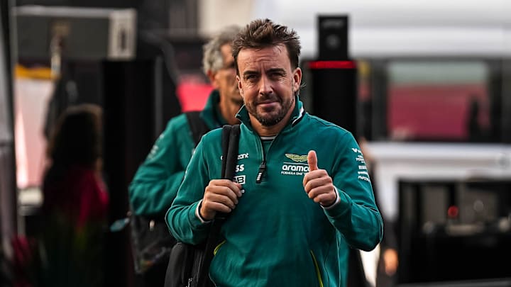 Aston Martin driver Fernando Alonso arrives in the paddock at the Formula 1 Pirelli United States Grand Prix at Circuit of the Americas on Friday, Oct. 18, 2024.
