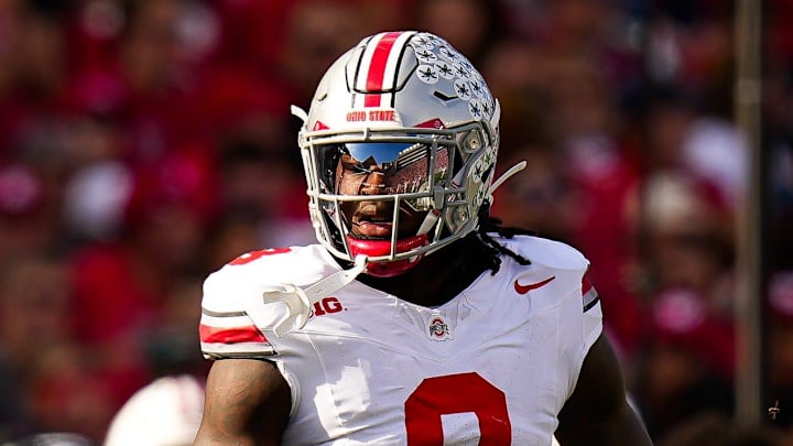 Ohio State Buckeyes linebacker Arvell Reese (8) reacts during the game against the Wisconsin Badgers at Camp Randall Stadium on Saturday, Oct. 18, 2025 in Madison, Wisconsin.