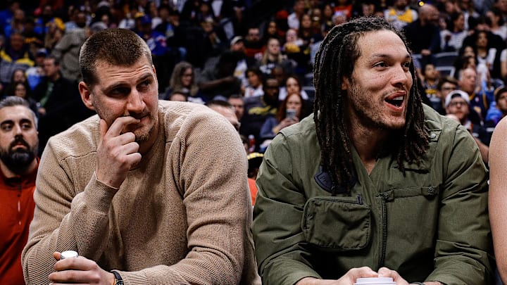 Mar 24, 2025; Denver, Colorado, USA; Denver Nuggets center Nikola Jokic (L) and forward Aaron Gordon (R) on the bench in the second quarter against the Chicago Bulls at Ball Arena. Mandatory Credit: Isaiah J. Downing-Imagn Images Mar 24, 2025; Denver, Colorado, USA; Denver Nuggets center Nikola Jokic (L) and forward Aaron Gordon (R) on the bench in the second quarter against the Chicago Bulls at Ball Arena. Mandatory Credit: Isaiah J. Downing-Imagn Images