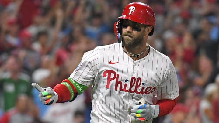 Aug 18, 2025; Philadelphia, Pennsylvania, USA;  Philadelphia Phillies first base Bryce Harper (3) runs the bases after hitting a three-run home run during the seventh inning against the Seattle Mariners at Citizens Bank Park