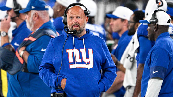 Aug 21, 2025; East Rutherford, New Jersey, USA; New York Giants head coach Brian Daboll during the second quarter against the New England Patriots at MetLife Stadium.  