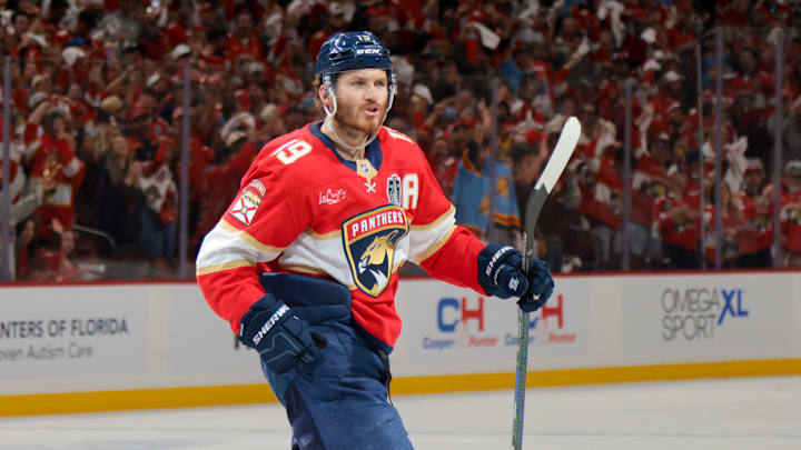 Jun 17, 2025; Sunrise, Florida, USA; Florida Panthers left wing Matthew Tkachuk (19) celebrates after his goal against the Edmonton Oilers during the first period in game six of the 2025 Stanley Cup Final at Amerant Bank Arena. Mandatory Credit: Sam Navarro-Imagn Images