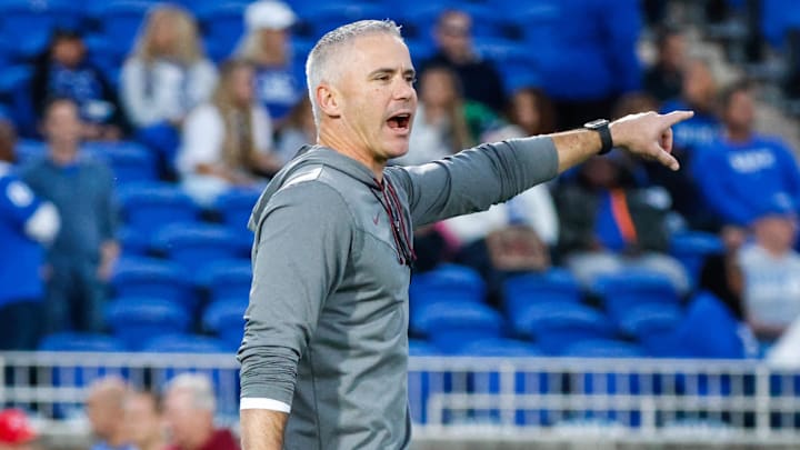 Oct 18, 2024; Durham, North Carolina, USA; Florida State Seminoles head coach Mike Norvell points prior to the first half of the game against Florida State at Wallace Wade Stadium. Mandatory Credit: Jaylynn Nash-Imagn Images