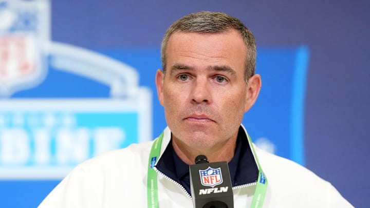 Feb 24, 2026; Indianapolis, IN, USA; Buffalo Bills general manager Brandon Beane speaks at the NFL Scouting Combine at the Indiana Convention Center. Mandatory Credit: Kirby Lee-Imagn Images