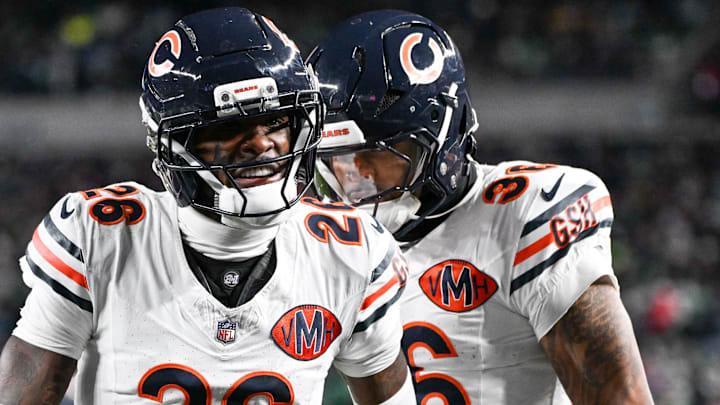 Nov 28, 2025; Philadelphia, Pennsylvania, USA; Chicago Bears cornerback Nahshon Wright (26) celebrates after recovering a fumble against the Philadelphia Eagles during the third quarter of the game at Lincoln Financial Field. Nov 28, 2025; Philadelphia, Pennsylvania, USA; Chicago Bears cornerback Nahshon Wright (26) celebrates after recovering a fumble against the Philadelphia Eagles during the third quarter of the game at Lincoln Financial Field.
