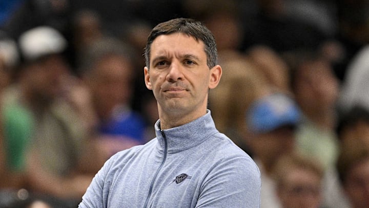 Mar 1, 2026; Dallas, Texas, USA; Oklahoma City Thunder head coach Mark Daigneault looks on during the game between the Mavericks and the Thunder at American Airlines Center. Mandatory Credit: Jerome Miron-Imagn Images