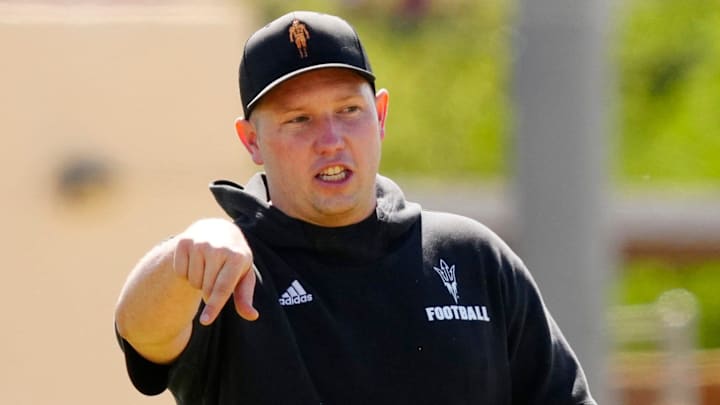 Arizona State head coach Kenny Dillingham watches his team as they run drills during a spring practice at Kajikawa practice fields in Tempe, Ariz. on April 14, 2026.