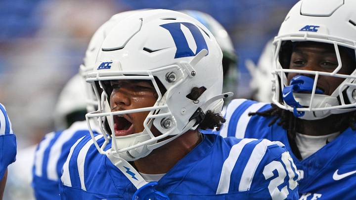 Sep 5, 2026; Durham, North Carolina, USA; Duke Blue Devils running back Nate Sheppard (20) and Duke Blue Devils wide receiver Jared Richardson (17) celebrate Duke Blue Devils running back Nate Sheppard's (20) touchdown against the Tulane Green Wave during the first quarter at Wallace Wade Stadium. Mandatory Credit: Zachary Taft-Imagn Images Sep 5, 2026; Durham, North Carolina, USA; Duke Blue Devils running back Nate Sheppard (20) and Duke Blue Devils wide receiver Jared Richardson (17) celebrate Duke Blue Devils running back Nate Sheppard's (20) touchdown against the Tulane Green Wave during the first quarter at Wallace Wade Stadium. Mandatory Credit: Zachary Taft-Imagn Images