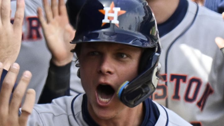 Houston Astros outfielder Jake Meyers (6) celebrates in the dugout after he hits a three run home run against the Chicago White Sox