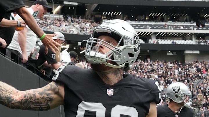 Oct 23, 2022; Paradise, Nevada, USA; Las Vegas Raiders defensive end Maxx Crosby (98) greets fans before the game against the Houston Texans at Allegiant Stadium. Mandatory Credit: Kirby Lee-Imagn Images