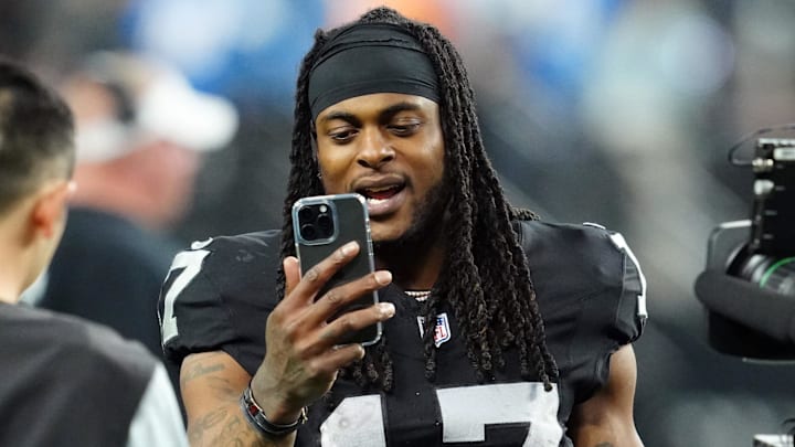 Dec 14, 2023; Paradise, Nevada, USA;  Las Vegas Raiders wide receiver Davante Adams (17) smiles after the game against the Los Angeles Chargers at Allegiant Stadium. Mandatory Credit: Stephen R. Sylvanie-Imagn Images