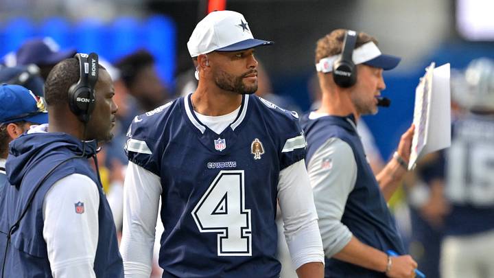 Dallas Cowboys quarterback Dak Prescott looks on from the sidelines during a game against the Los Angeles Rams at SoFi Stadium. Dallas Cowboys quarterback Dak Prescott looks on from the sidelines during a game against the Los Angeles Rams at SoFi Stadium.