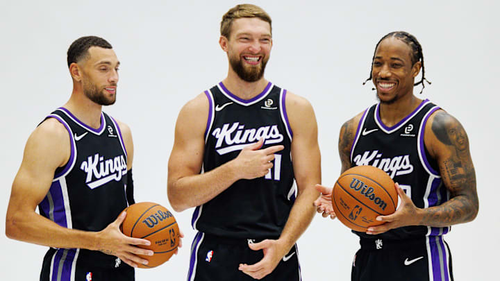 Sep 29, 2025; Sacramento, CA, USA; Sacramento Kings guard Zach LaVine (8), forward Domantas Sabonis (11), and forward DeMar DeRozan (10) pose for a photo during media day at Golden 1 Center. Sep 29, 2025; Sacramento, CA, USA; Sacramento Kings guard Zach LaVine (8), forward Domantas Sabonis (11), and forward DeMar DeRozan (10) pose for a photo during media day at Golden 1 Center.