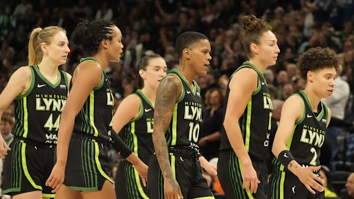 May 21, 2025; Minneapolis, Minnesota, USA; The Minnesota Lynx go the bench for a timeout in the first quarter of the game with the Dallas Wings at Target Center. Mandatory Credit: Bruce Kluckhohn-Imagn Images