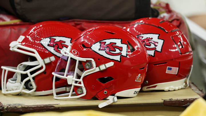 Feb 9, 2025; New Orleans, LA, USA; A detail view of Kansas City Chiefs helmets before Super Bowl LIX between the Philadelphia Eagles and the Kansas City Chiefs at Caesars Superdome. Mandatory Credit: Geoff Burke-Imagn Images