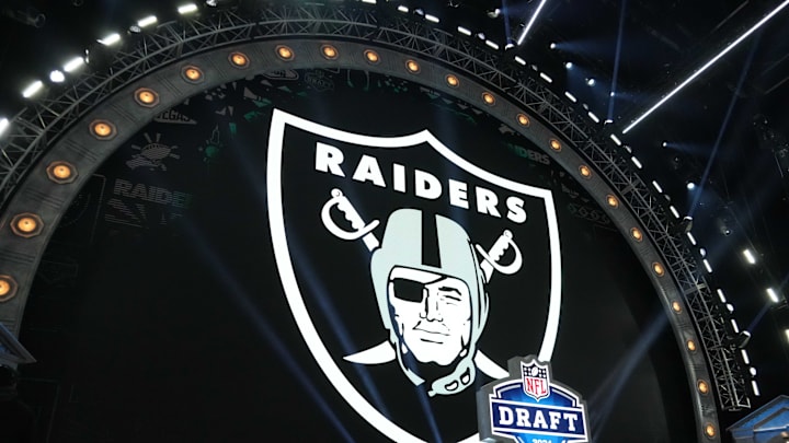 Apr 25, 2024; Detroit, MI, USA; A Las Vegas Raiders logo at the 2024 NFL Draft at Campus Martius Park and Hart Plaza. Mandatory Credit: Kirby Lee-Imagn Images