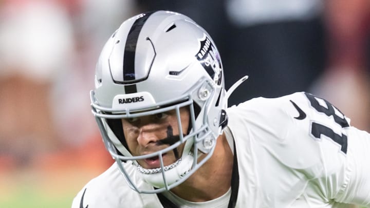 Aug 23, 2025; Glendale, Arizona, USA; Las Vegas Raiders wide receiver Jack Bech (18) against the Arizona Cardinals during a preseason NFL game at State Farm Stadium. Mandatory Credit: Mark J. Rebilas-Imagn Images