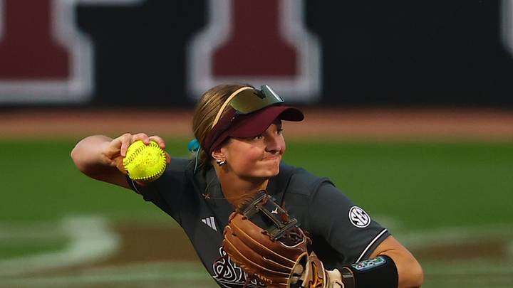Mississippi State softball infielder Morgan Stiles readies a throw to first base in a SEC game against No. 23 South Carolina.