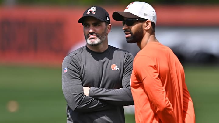 Cleveland Browns head coach Kevin Stefanski (left) watches camp with general manager Andrew Berry during rookie minicamp at the Cleveland Browns Training Facility.