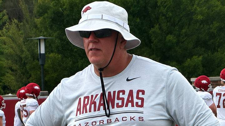 Arkansas Razorbacks defensive coordinator Ron Roberts watches linebacker drills during training camp on Friday, Aug. 7, 2026.