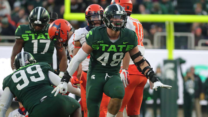 Michigan State Spartans defensive end Kenny Willekes (48) celebrates his sack vs. Illinois during the first half Saturday, Nov. 9, 2019 at Spartan Stadium.

Michigan State