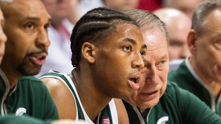 Michigan State Head Coach Tom Izzo talks with Jeremy Fears Jr. (1) during the Indiana versus Michigan State men's basketball game at Simon Skjodt Assembly Hall on Sunday, March 1, 2026.