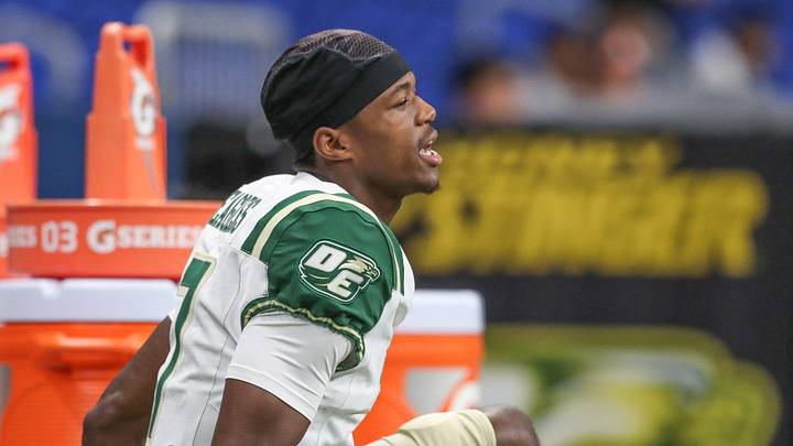 DeSoto's Ethan Feaster warms up after halftime during Friday's game at the Alamodome on Sept. 13, 2024, in San Antonio, Texas.