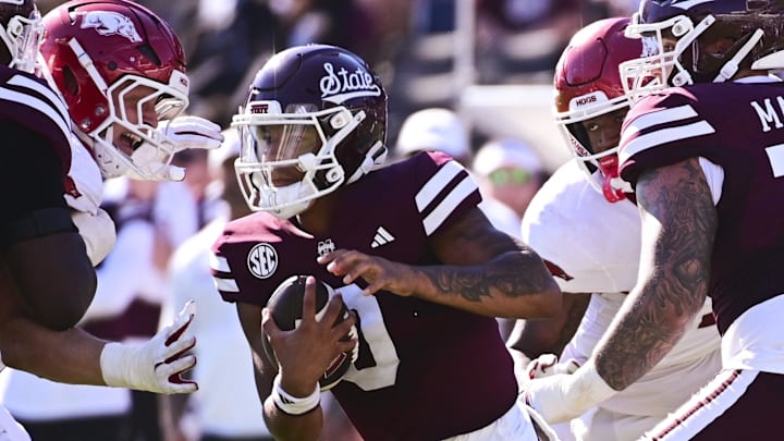 Mississippi State Bulldogs quarterback Michael Van Buren Jr. (0) runs the ball against the Arkansas Razorbacks during the fourth quarter at Davis Wade Stadium at Scott Field.