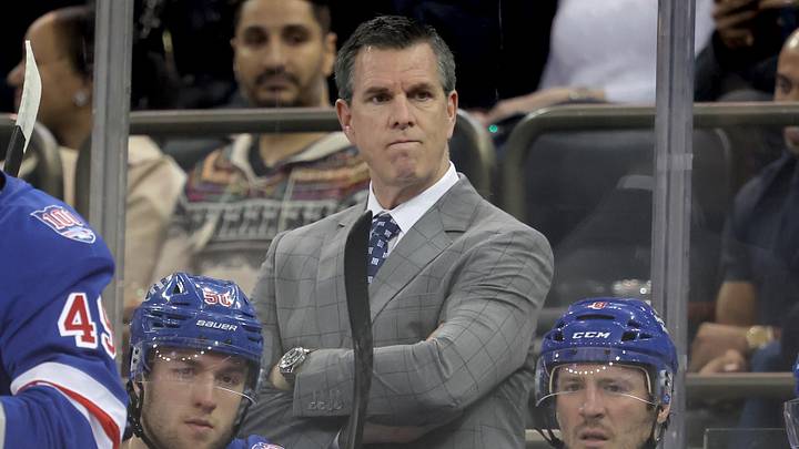 Mar 16, 2026; New York, New York, USA; New York Rangers head coach Mike Sullivan reacts during the first period against the Los Angeles Kings at Madison Square Garden. 