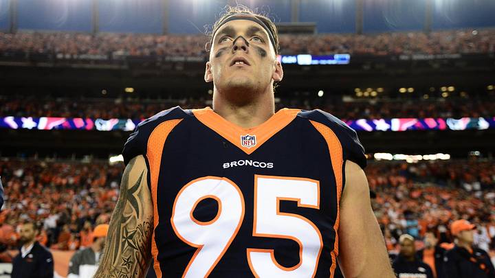 Denver Broncos defensive end Derek Wolfe before the game against the Houston Texans