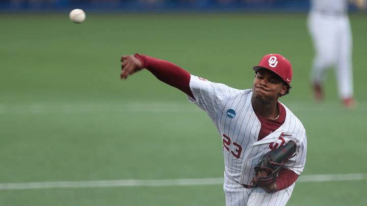 Oklahoma pitcher Xander Mercurius throws against Kansas during the Lawrence Super Regional. Oklahoma pitcher Xander Mercurius throws against Kansas during the Lawrence Super Regional.
