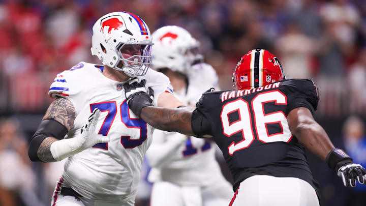 Oct 13, 2025; Atlanta, Georgia, USA; Buffalo Bills offensive tackle Spencer Brown (79) and holds off Atlanta Falcons defensive end Zach Harrison (96) during the first half of a game at Mercedes-Benz Stadium. Mandatory Credit: Brett Davis-Imagn Images