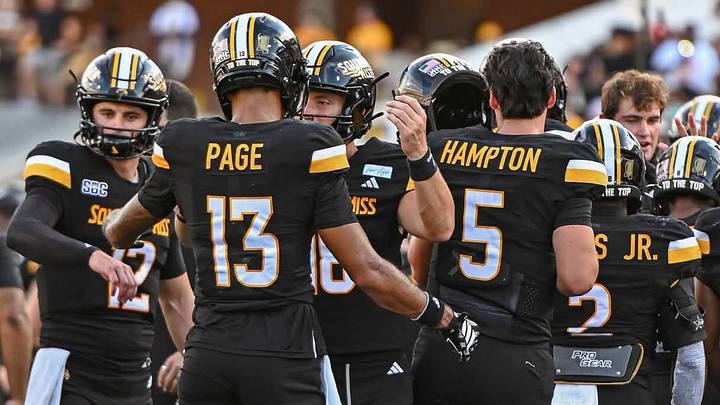 Southern Miss receiver Grant Page (13) and quarterback Ethan Hampton (5) are listed as probable for Southern Miss' Week 9 game at ULM.