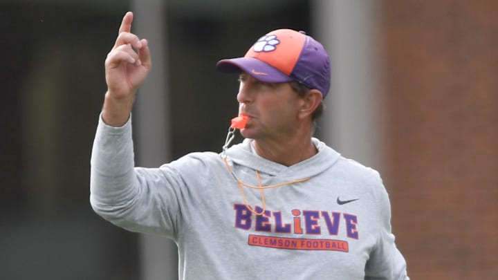Clemson head coach Dabo Swinney during Spring Practice in Clemson, S.C. Monday, March 24, 2025.